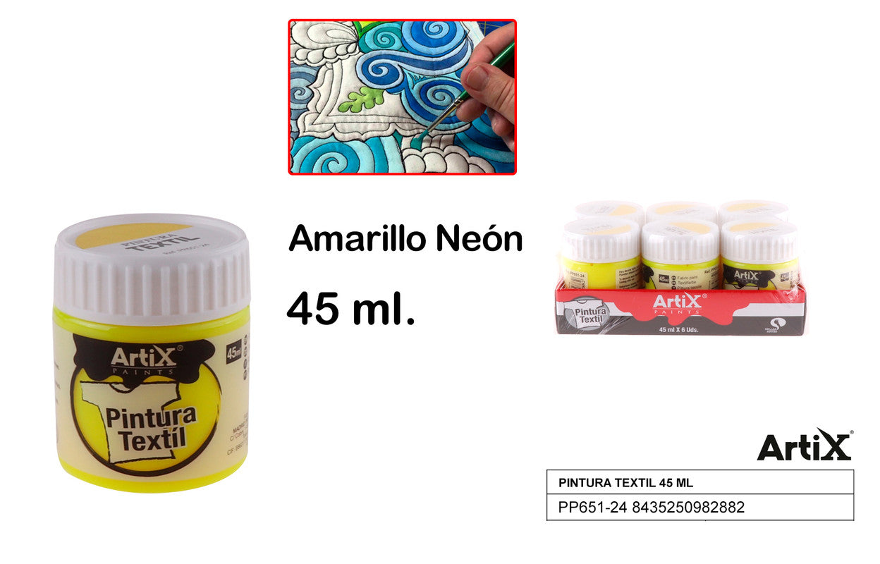 PINTURA TEXTIL AMARILLO NEON 45 ML ARTIX