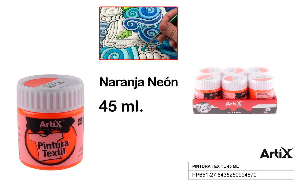 PINTURA TEXTIL NARANJA NEON 45 ML ARTIX